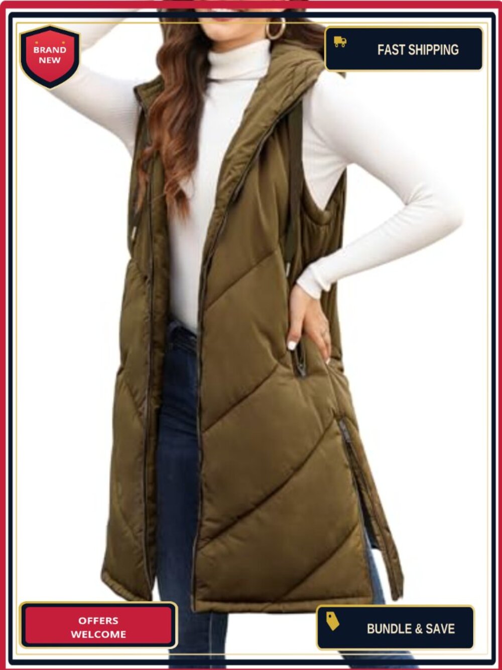 Long Sleeveless Puffer Vest Hooded Quilted Women's Winter Outerwear with Pockets